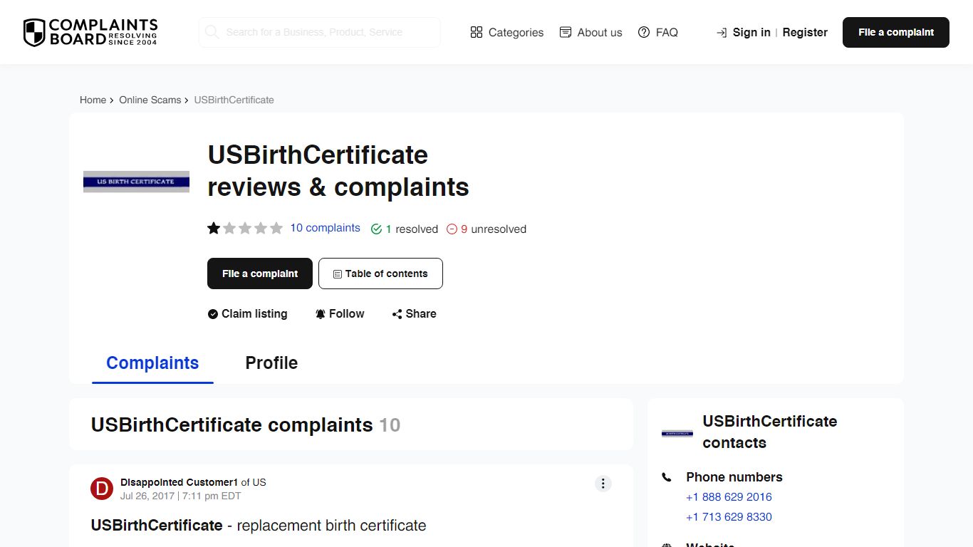 USBirthCertificate: Reviews, Complaints, Customer Claims